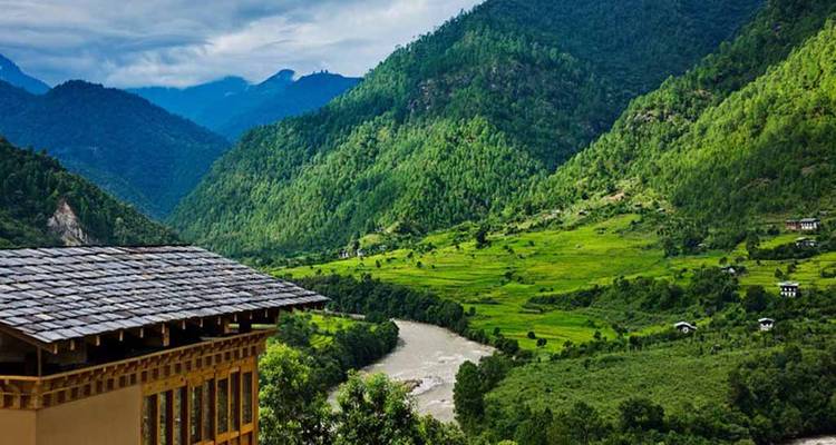 Valle pintoresco con un río y vegetación.
