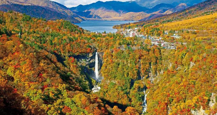 Herbstlaub und ein Wasserfall, der in einen malerischen See mündet.