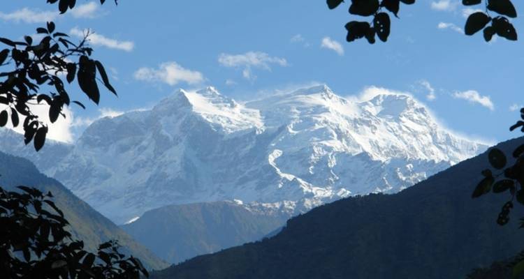 Majestueuses cimes enneigées encadrées par une végétation luxuriante.
