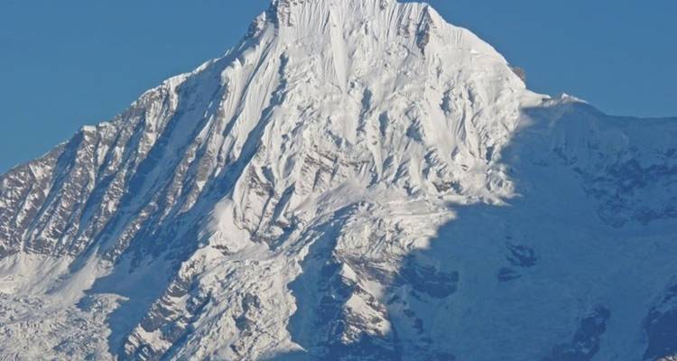 Gros plan d'un sommet de montagne enneigé sous un ciel bleu dégagé.