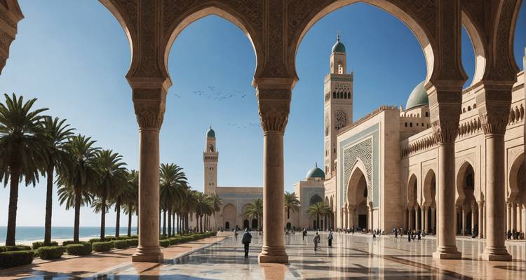 Eine große Moschee mit großen Bögen und Palmen.