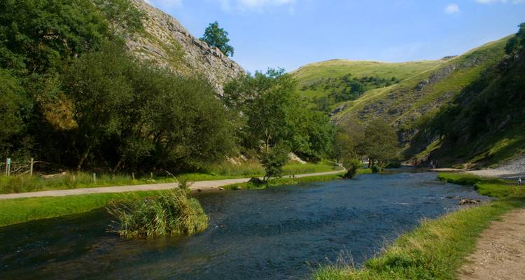 Uferweg mit sanften Hügeln und üppigen Bäumen.