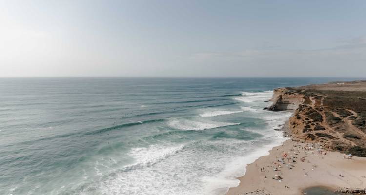 Luftaufnahme einer Küste mit Wellen und einem Sandstrand.
