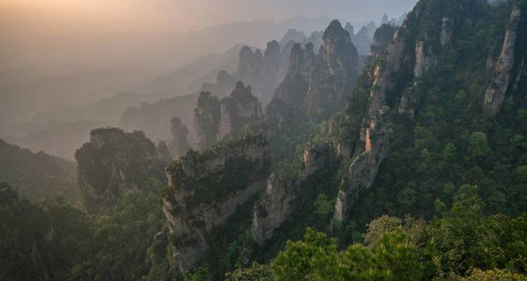 Montagnes calcaires brumeuses dans le parc forestier national de Zhangjiajie.