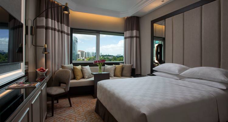 Luxurious hotel room with large windows and neutral-toned decor.