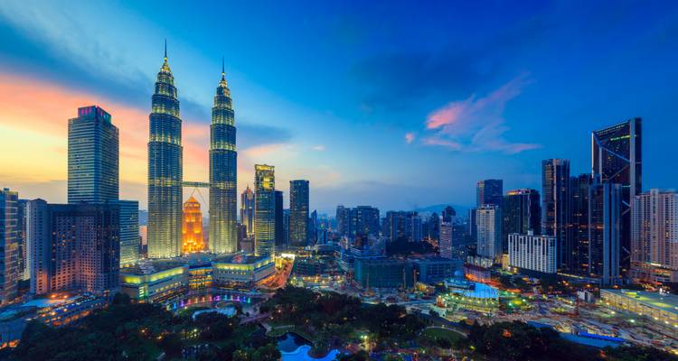 Twilight view of Kuala Lumpur with the Petronas Towers.