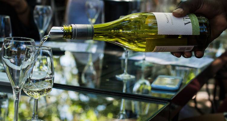 El vino blanco se vierte en una copa sobre una mesa al aire libre durante una sesión de degustación en el viñedo.