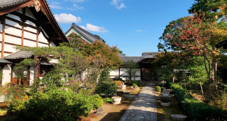 Residencia tradicional de Kioto y jardín con follaje otoñal bajo la luz del día brillante.