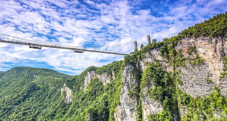 Le célèbre pont suspendu en verre enjambe un canyon verdoyant spectaculaire sous un ciel aux textures remarquables.