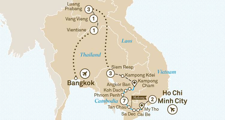 Illustrated route map highlighting Thailand, Laos, Cambodia and Vietnam with travel stops.
