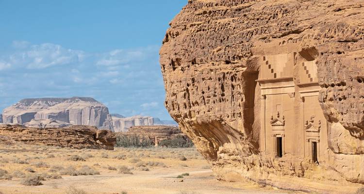 Ancient carved rock structures in a desert landscape with distant rocky hills.
