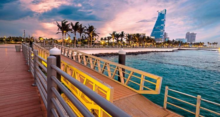 Waterfront promenade lined with palm trees and city skyline at dusk.