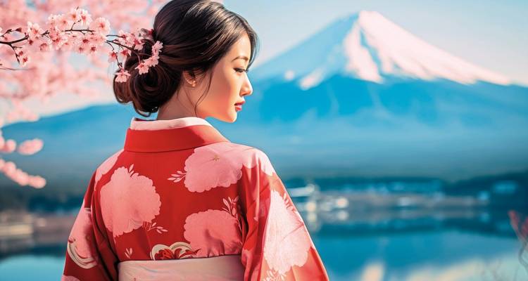 Eine Frau in traditionellem Kimono steht mit Kirschblüten und dem Berg Fuji im Hintergrund.