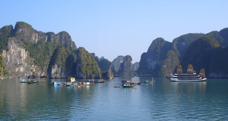 Halong-Bucht mit zahlreichen Booten und Kalkstein-Karst im Wasser.