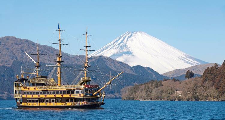Pirate ship with Mount Fuji in the background on Lake Ashi.