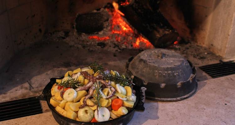 Here's the French translation:
"Plat cuisinant dans un four à feu traditionnel."
Alternative translations could be:
- "Plat en cours de cuisson dans un four traditionnel au feu de bois"
- "Mets cuisinant dans un four à feu traditionnel"