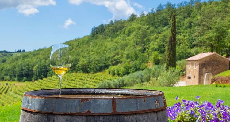 Verre de vin sur un tonneau avec vignoble et ferme en arrière-plan.