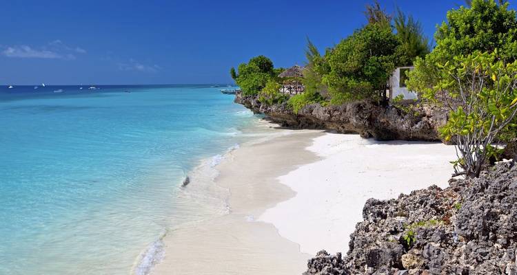 Unberührter weißer Sandstrand mit klarem blauem Wasser und üppiger grüner Vegetation.