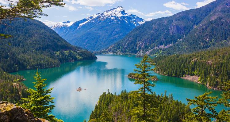 Mountain landscape with a serene lake surrounded by forest.