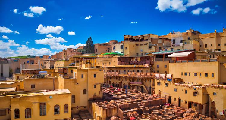 Aerial view of traditional leather tanneries with clear skies above.