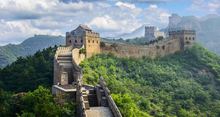 The Great Wall of China stretching over the hills.