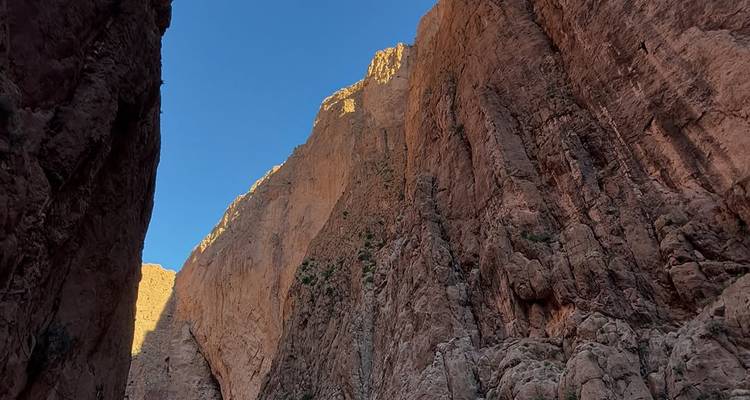 Narrow gorge with towering rocky cliffs.
