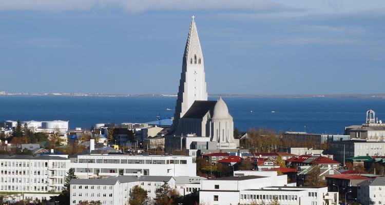 Overdag stadspanorama van Reykjavik met Hallgrimskirkja die uittorent boven kleurrijke lage gebouwen en de zee daarachter.