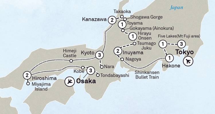 Carte de divers lieux au Japon.