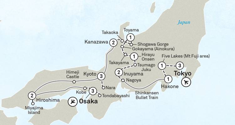 Mapa de ruta del tour de Japón que cubre Tokio, Osaka, Kioto e Hiroshima con líneas de viaje e iconos