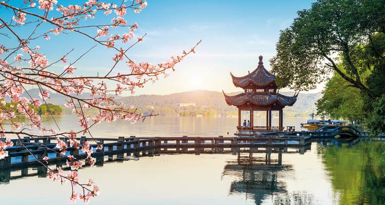 Pagoda on a lake surrounded by cherry blossoms