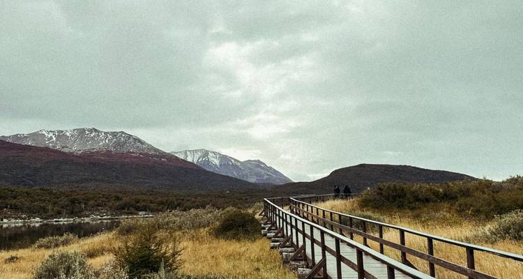 Sentier en bois à travers un champ herbeux avec des montagnes au loin.