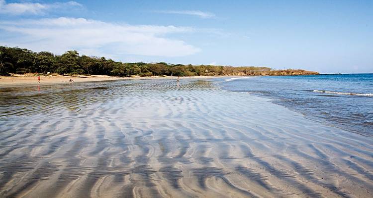 Breed zandstrand bij laag water met zachte rimpelingen en een eenzame bezoeker, blauwe zee aan de rechterkant