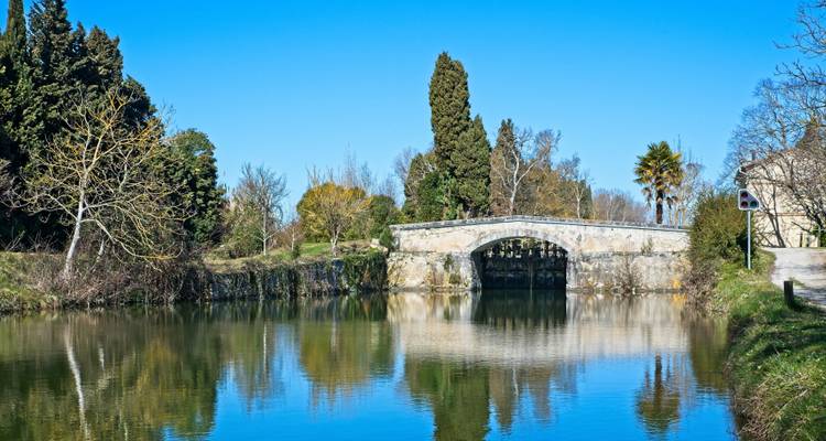 Steinbrücke über einen ruhigen Kanalabschnitt mit üppiger Vegetation