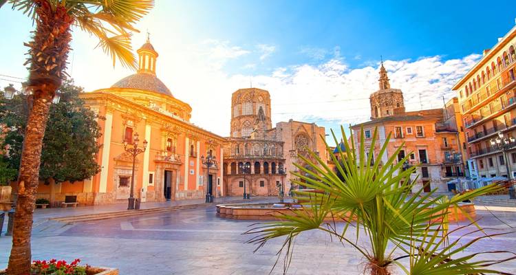 Una plaza en una ciudad histórica con palmeras y edificios importantes.