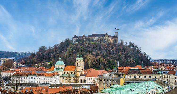 Le château de Ljubljana couronne une colline boisée au-dessus de la vieille ville aux toits rouges et des clochers de la ville.