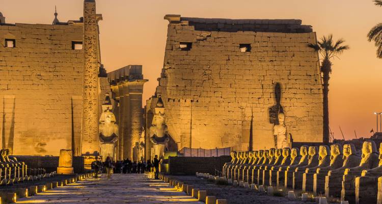 Templo de Luxor iluminado al atardecer con una fila de estatuas.