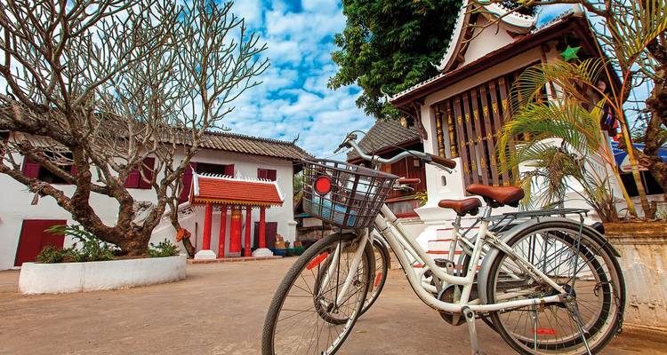 A bicycle with a basket in front of a traditional building.