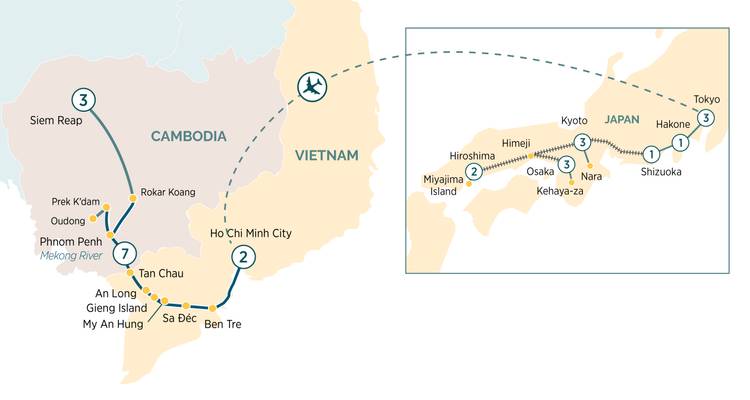 Travel map showing routes in Cambodia, Vietnam, and Japan.