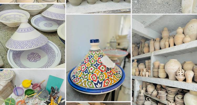 Bunte traditionelle marokkanische Töpferwaren in der Ausstellung.