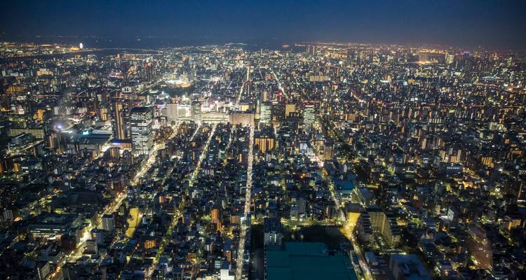 Extenso skyline nocturno de Tokio visto desde una terraza de observación de gran altura