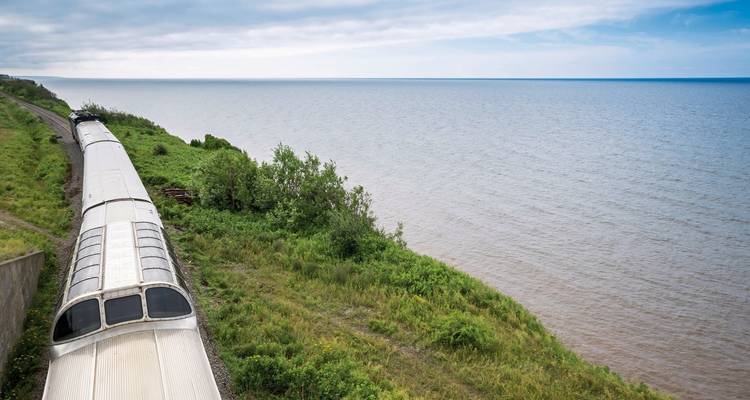 Train qui serpente le long d'une vue côtière avec de la verdure.
