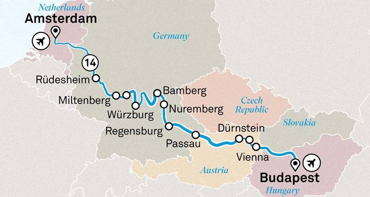 Carte d'itinéraire montrant un parcours de croisière fluviale d'Amsterdam à Budapest à travers l'Europe centrale.