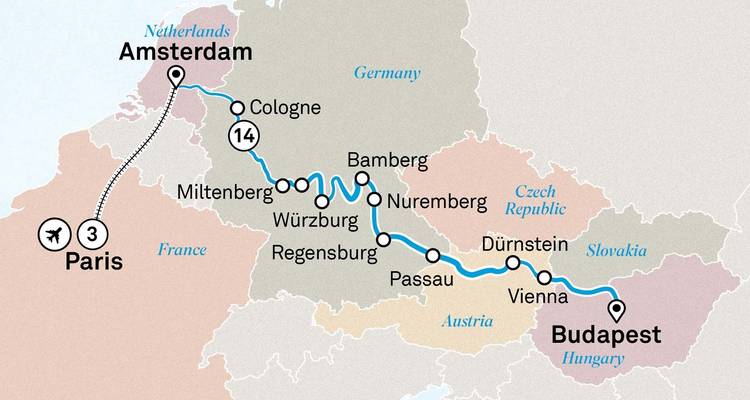 Carte d'itinéraire simplifiée de Paris à Amsterdam et Budapest montrant les principales villes européennes.