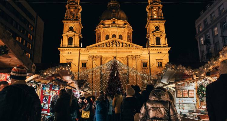 Mercado navideño con luces y gente frente a un edificio histórico.
