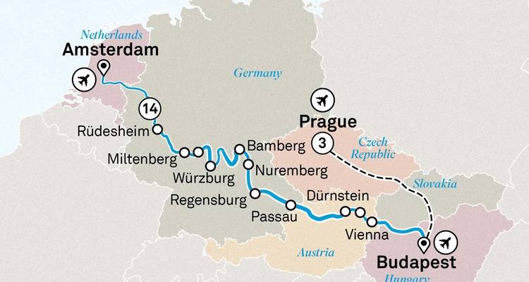 Graphique cartographique d'un itinéraire fluvial européen reliant Amsterdam, Prague et Budapest.