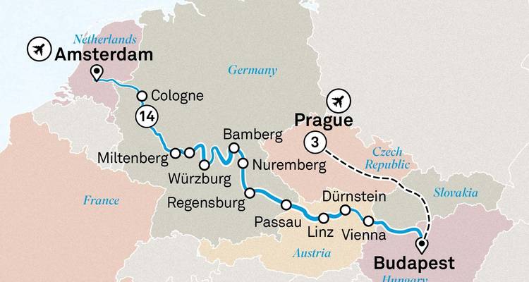 Carte illustrée du circuit touristique montrant l'itinéraire d'Amsterdam à Budapest avec des arrêts à travers l'Europe.