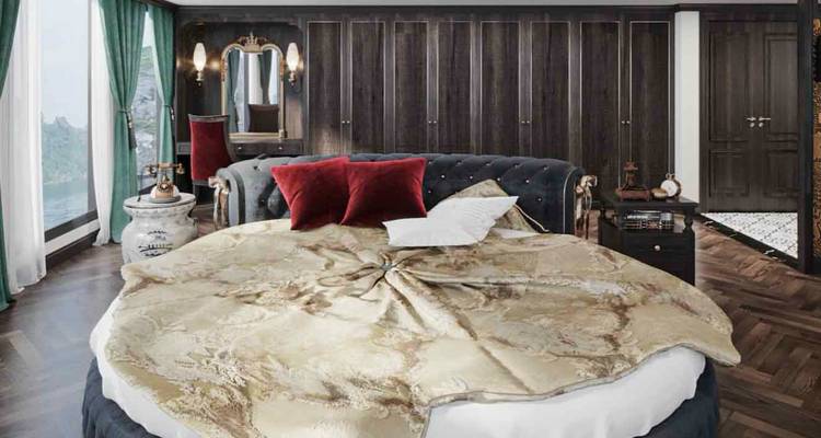 Lit rond unique dans une chambre élégante avec une décoration moderne.