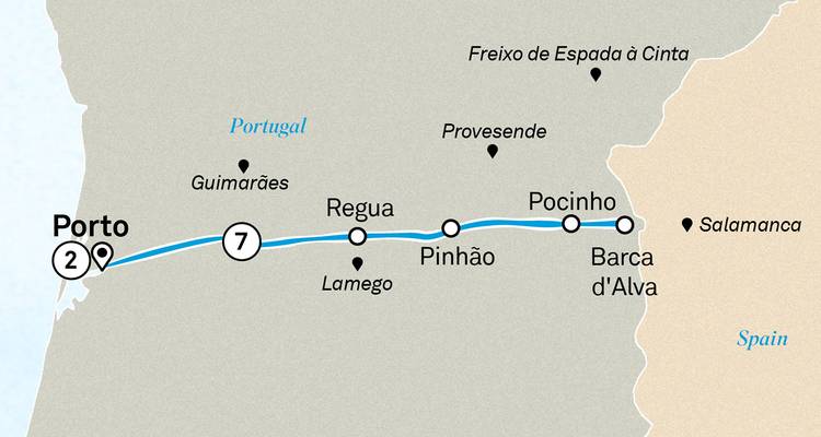 Map of a Douro River itinerary from Porto through Régua, Pinhão and Pocinho to Barca d'Alva.