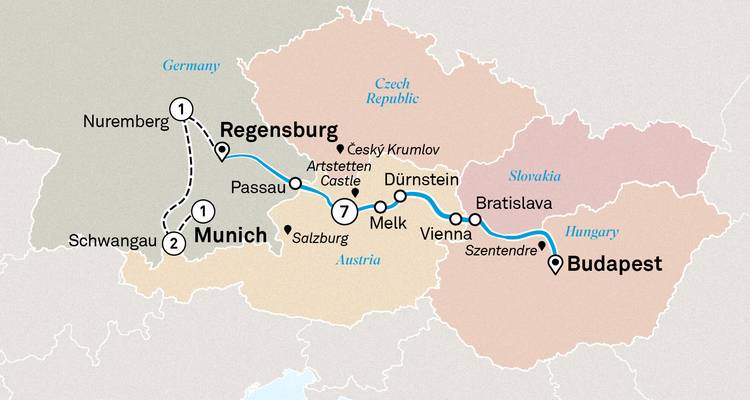 Illustrated route map highlighting cities along a Central European itinerary from Munich to Budapest.
