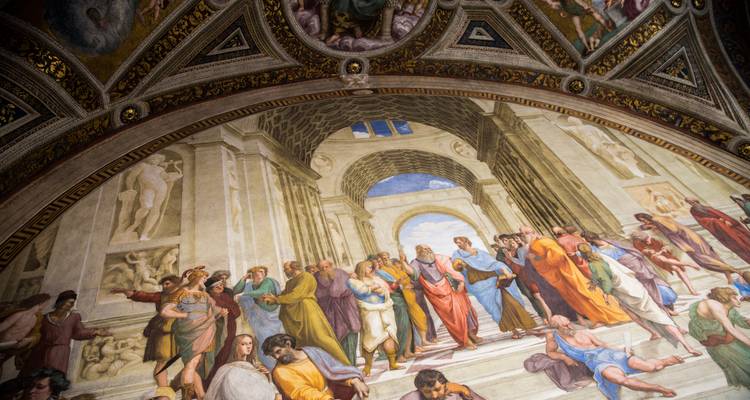 Détail de la fresque « L'École d'Athènes » de Raphaël au sein des Musées du Vatican.